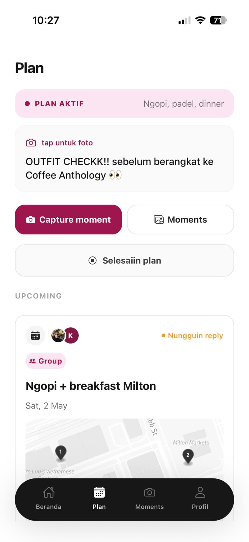 Moments active plan screen with capture moment and upcoming plan