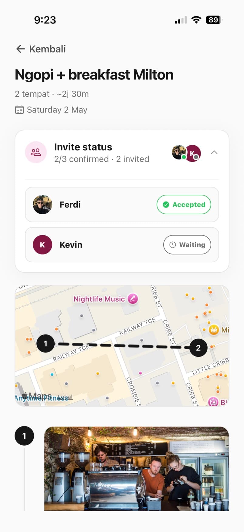 Moments plan detail screen showing invite status and itinerary stops
