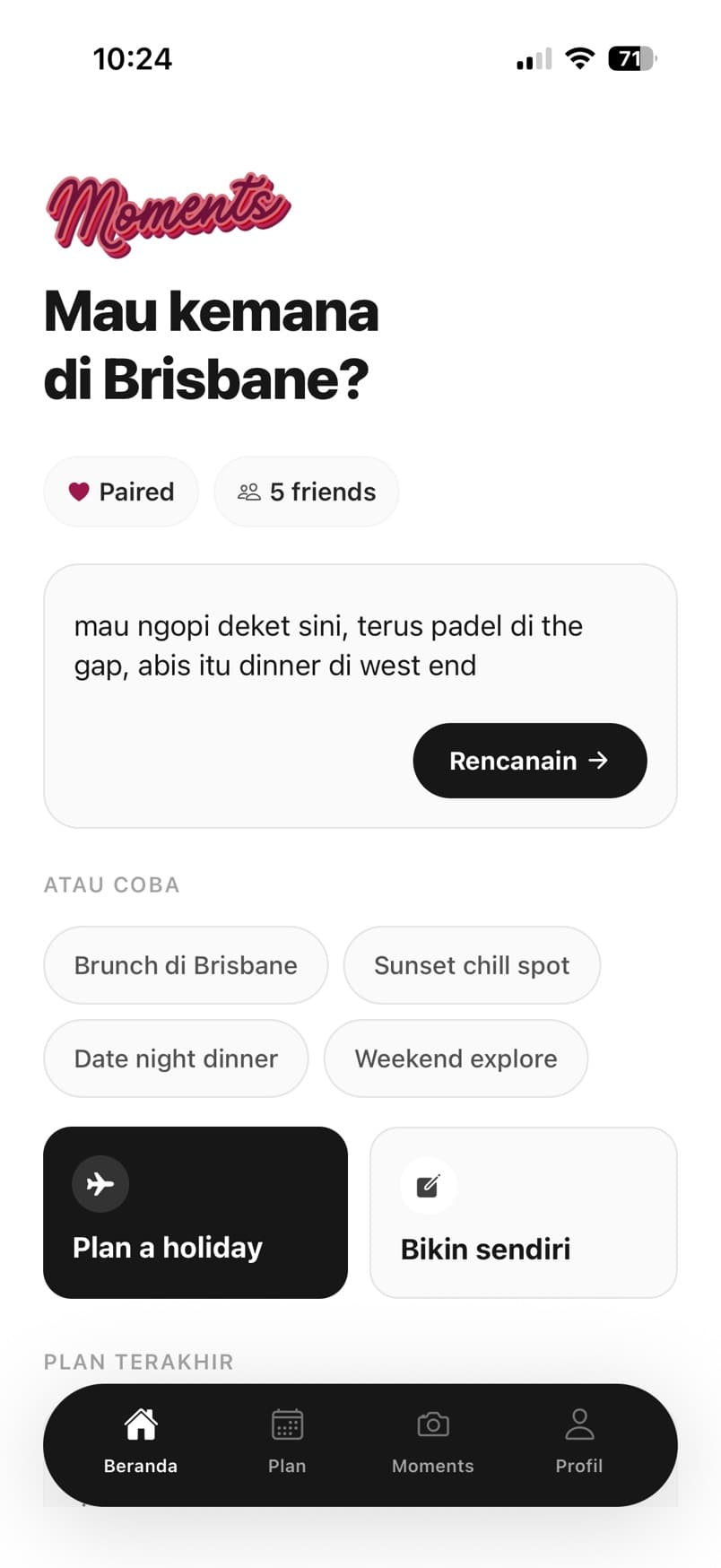 Moments active plan screen on iPhone